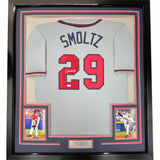 Framed Autographed/Signed John Smoltz 35x39 Atlanta Grey Baseball Jersey JSA COA