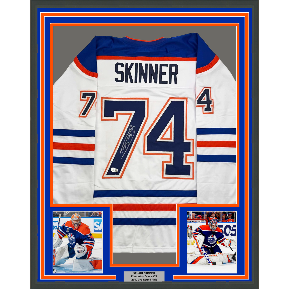 Framed Autographed/Signed Stuart Skinner 35x39 Edmonton White Hockey Jersey Beckett BAS COA