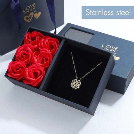 Rose Gift Box with Four-Leaf Grass and Heart Necklaces - Lootquake