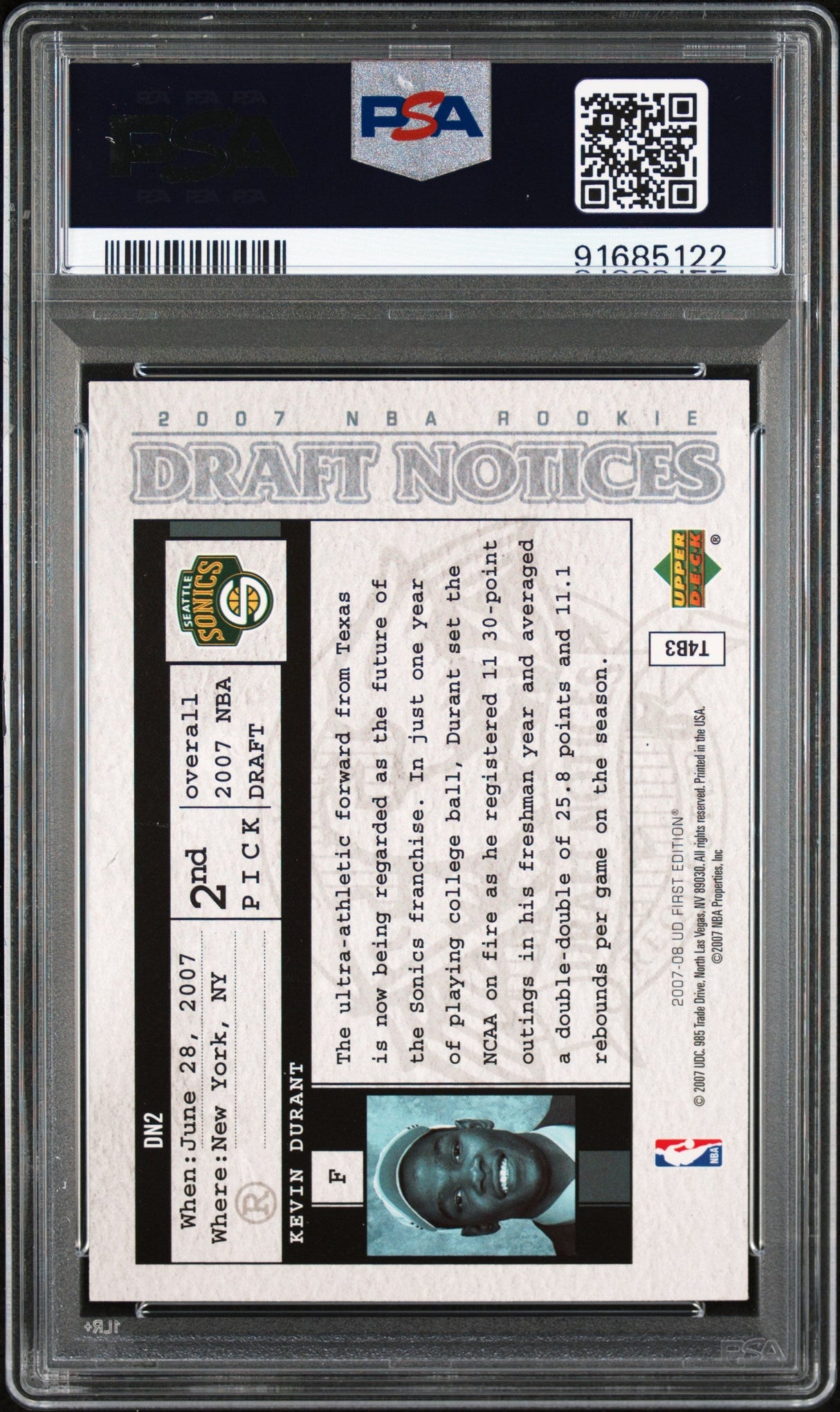 Avisos del Draft de Kevin Durant #DN2 de Upper Deck 2007, Tarjeta de baloncesto RC para novatos PSA 10 Gem Mint