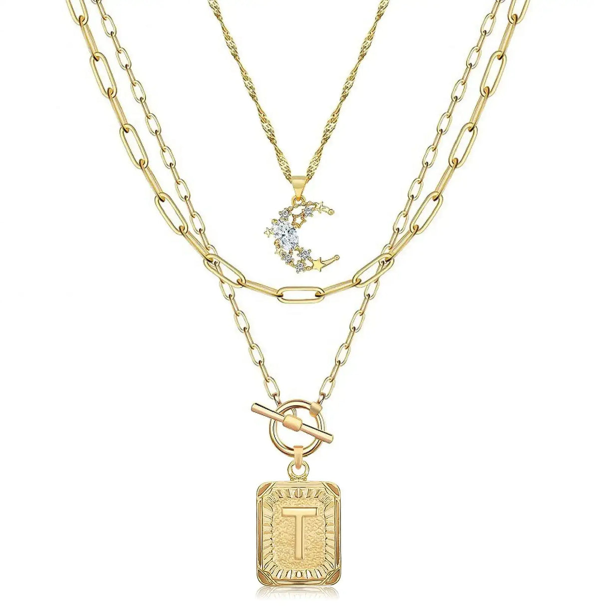 MJartoria Layered Initial Necklaces for Women Trendy 14K Gold Plated Simple Moon Choker Square Letter Pendant Necklace Paperclip Chain Necklace Gold Necklaces Jewelry Gifts (Gold T) - Lootquake