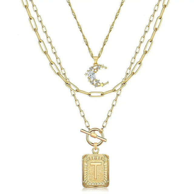 MJartoria Layered Initial Necklaces for Women Trendy 14K Gold Plated Simple Moon Choker Square Letter Pendant Necklace Paperclip Chain Necklace Gold Necklaces Jewelry Gifts (Gold T) - Lootquake