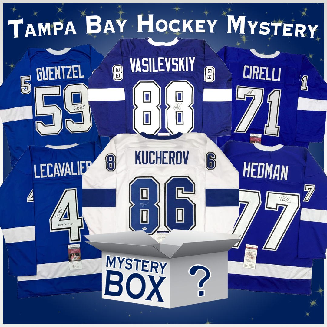 Caja misteriosa de camisetas de hockey de Tampa Bay autografiadas/firmadas con PSA JSA o Beckett COA 