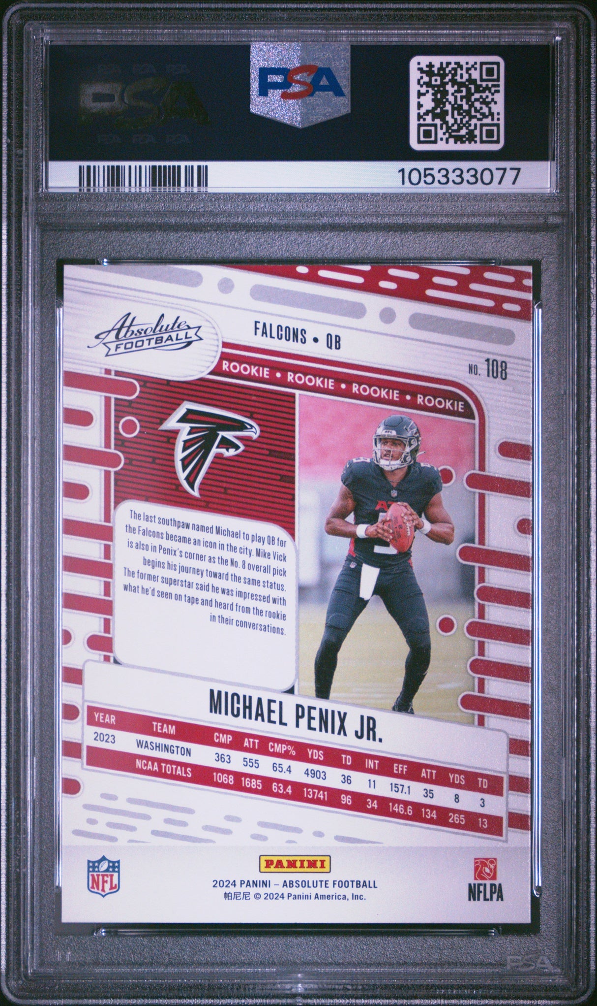 Tarjeta de fútbol Panini Absolute Michael Penix Jr #108 Rookie RC 2024, clasificada PSA 10 Gem Mint