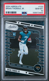Tarjeta de fútbol Panini Absolute Brian Thomas Jr #123 Rookie RC 2024, PSA 10 Gem Mint