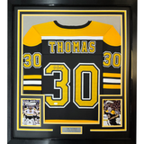 Framed Autographed/Signed Tim Thomas 35x39 Boston Black Hockey Jersey JSA COA
