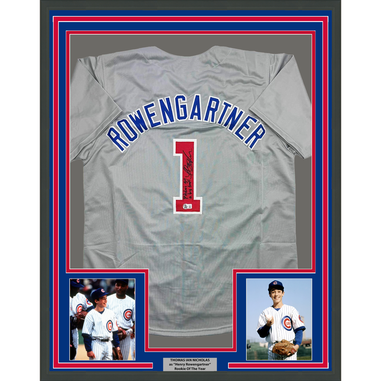 Camiseta de béisbol enmarcada, autografiada y firmada por Thomas Ian Nicholas, novato del año, 35 x 39, color gris Chicago, Beckett BAS COA