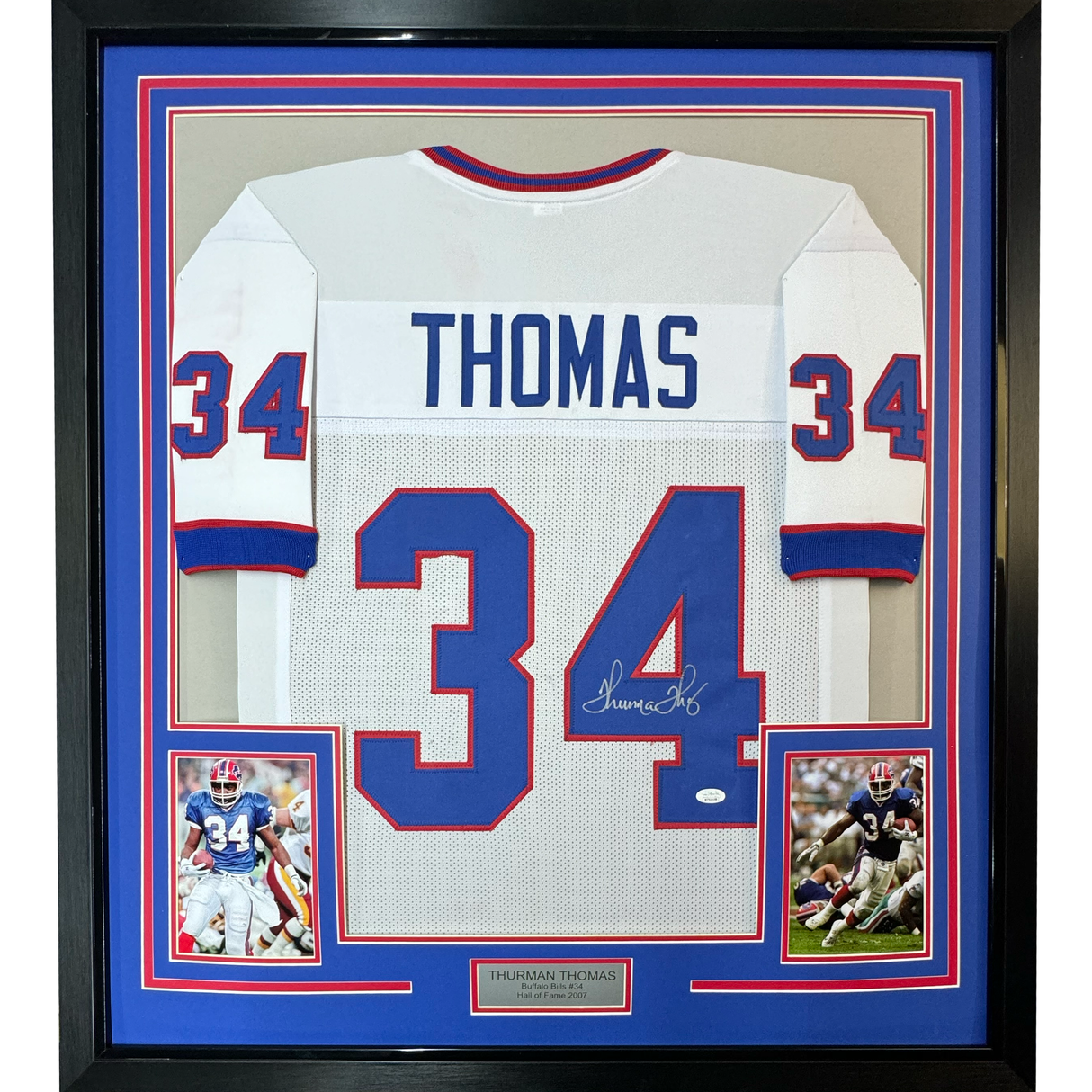 Camiseta de fútbol americano enmarcada, autografiada y firmada por Thurman Thomas, 35 x 39, color blanco Buffalo, JSA COA