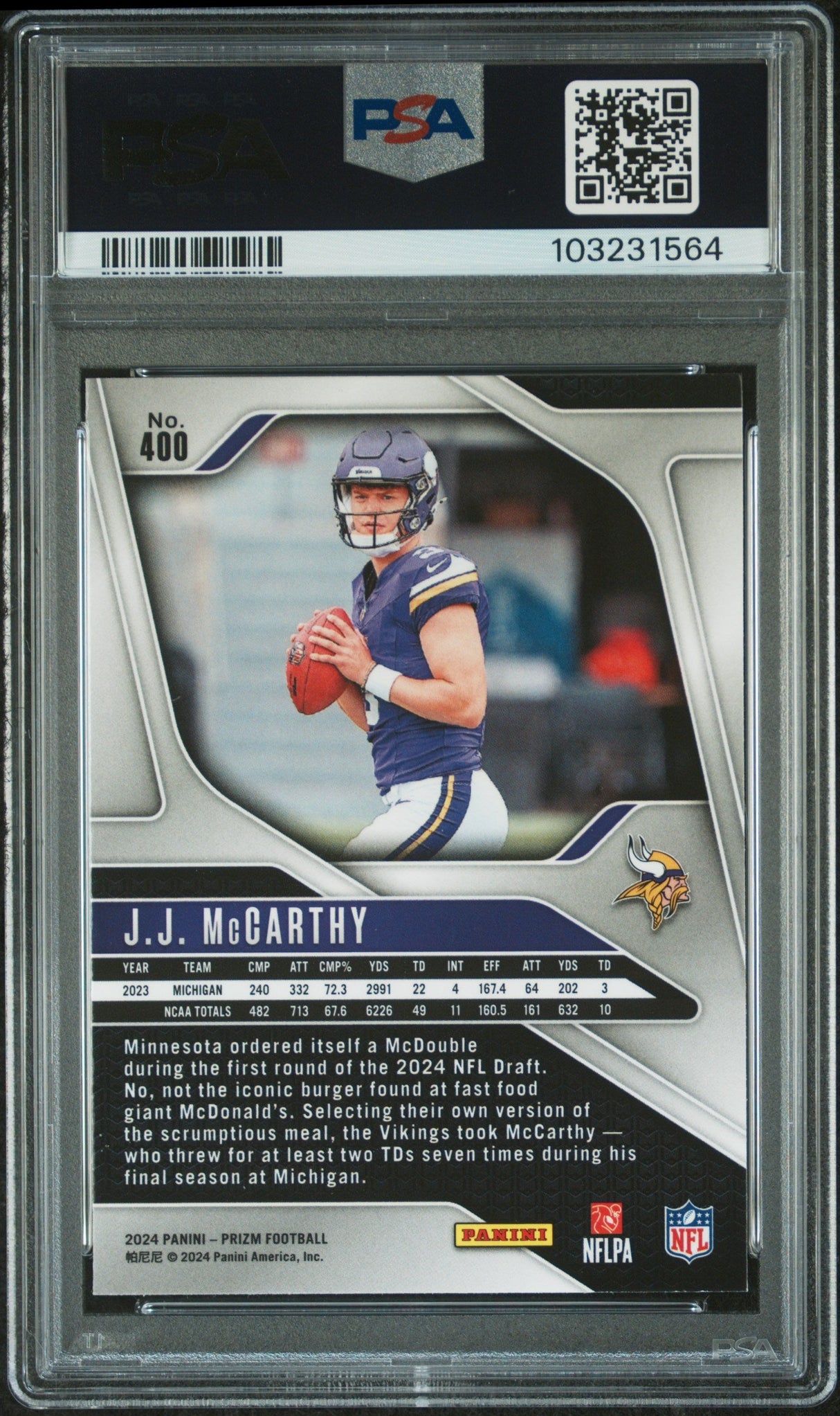 Tarjeta de fútbol Panini Prizm JJ McCarthy n.° 400 Rookie RC de 2024, clasificada, PSA 10 Gem Mint