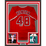 Framed Autographed/Signed Torii Hunter 35x39 Los Angeles Anaheim Red Baseball Jersey Beckett BAS COA