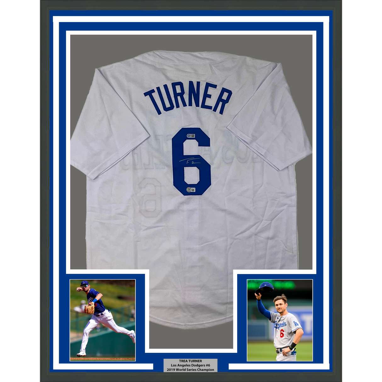 Camiseta de béisbol blanca de Los Ángeles LA de 35 x 39 de Trea Turner, autografiada y firmada, enmarcada y Beckett BAS COA