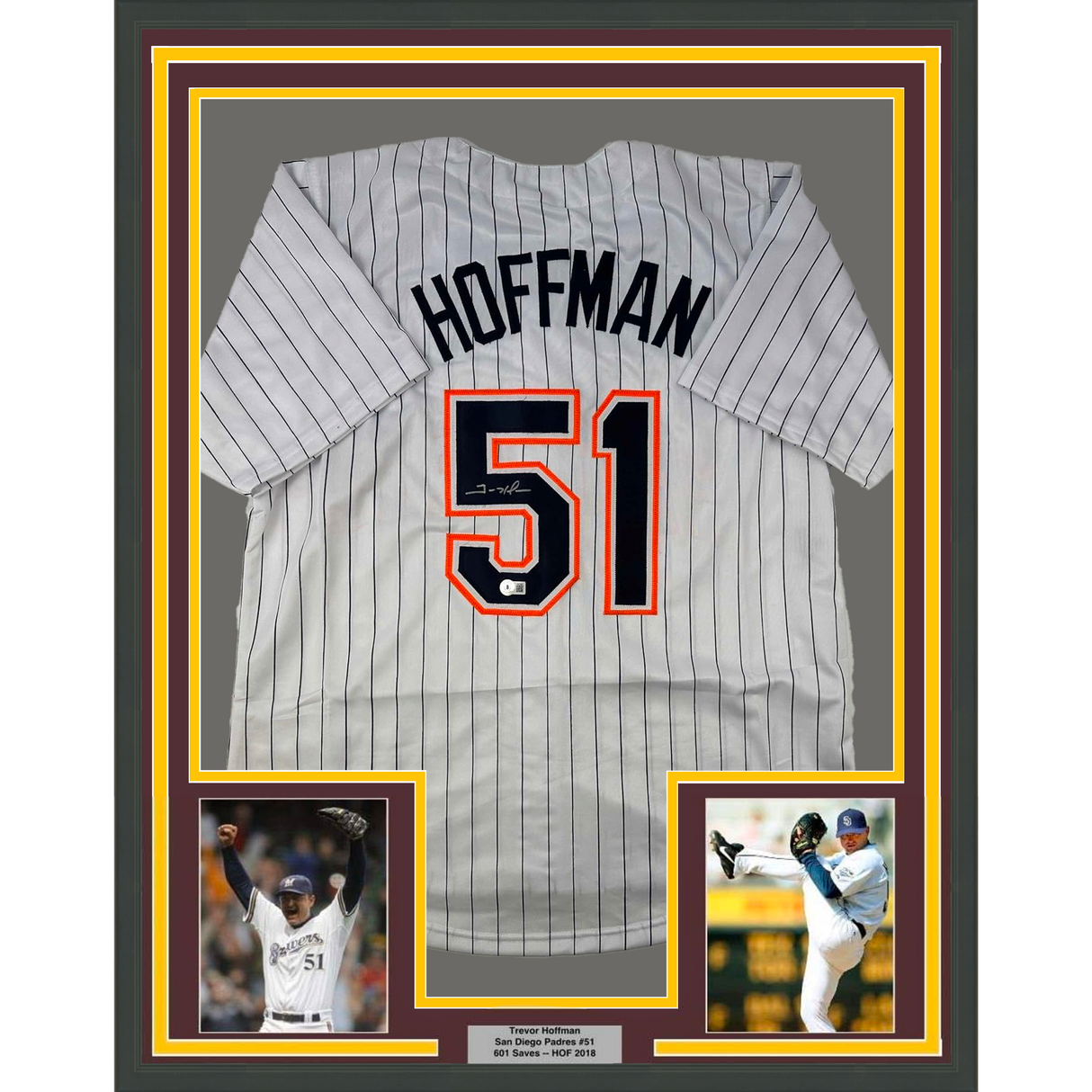 Framed Autographed/Signed Trevor Hoffman 35x39 San Diego Pinstripe Baseball Jersey Beckett BAS COA