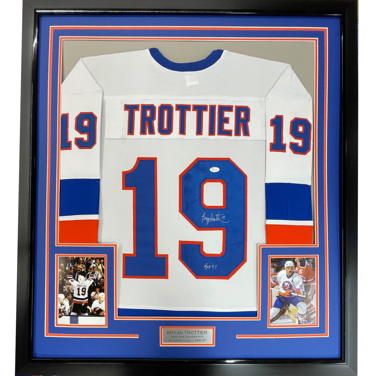 Camiseta de hockey blanca de Nueva York, enmarcada, autografiada y firmada por Bryan Trottier, HOF 97, 35 x 39, JSA COA