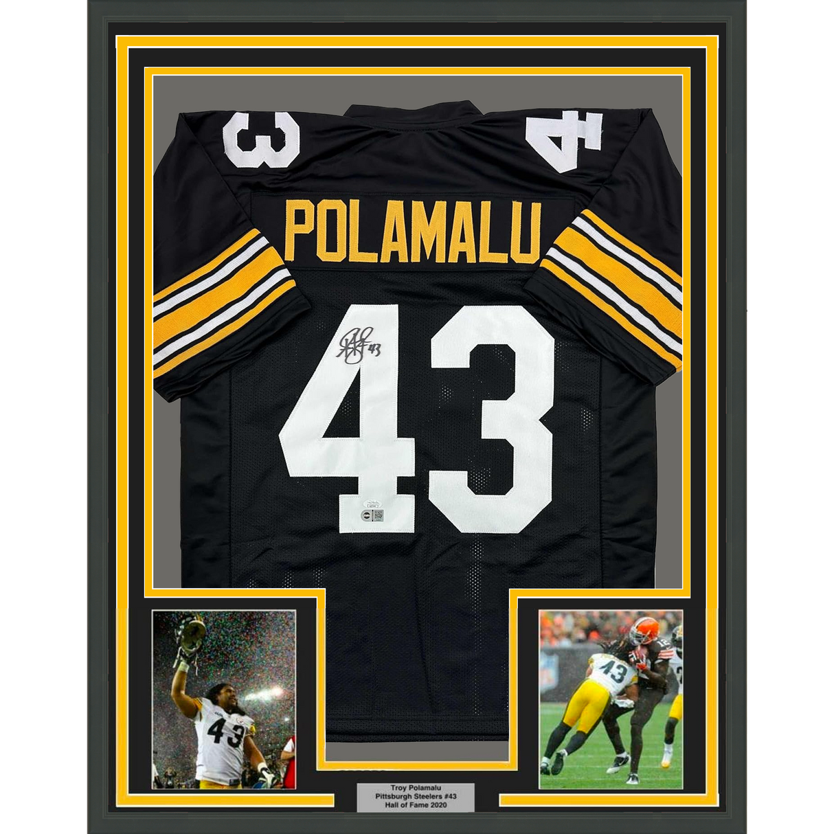 Camiseta de fútbol retro de Pittsburgh, negra, enmarcada, autografiada y firmada por Troy Polamalu, 35 x 39, JSA COA