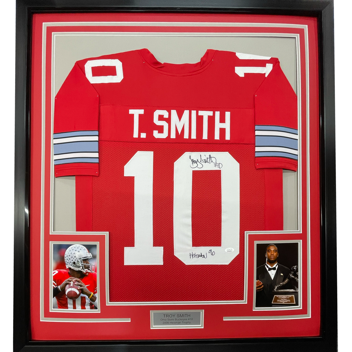 Camiseta de fútbol americano universitario enmarcada, autografiada y firmada por Troy Smith, 35 x 39, Heisman 06, Ohio State, color rojo, JSA COA