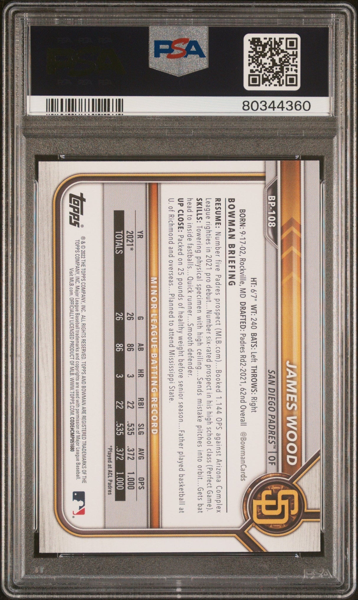 Graded 2022 Topps Bowman James Wood #BP108 Paper Prospects Rookie RC Baseball Card PSA 10 Gem Mint