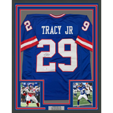 Camiseta de fútbol azul de Nueva York de 35 x 39, enmarcada, autografiada y firmada por Tyrone Tracy Jr. Beckett BAS COA #2