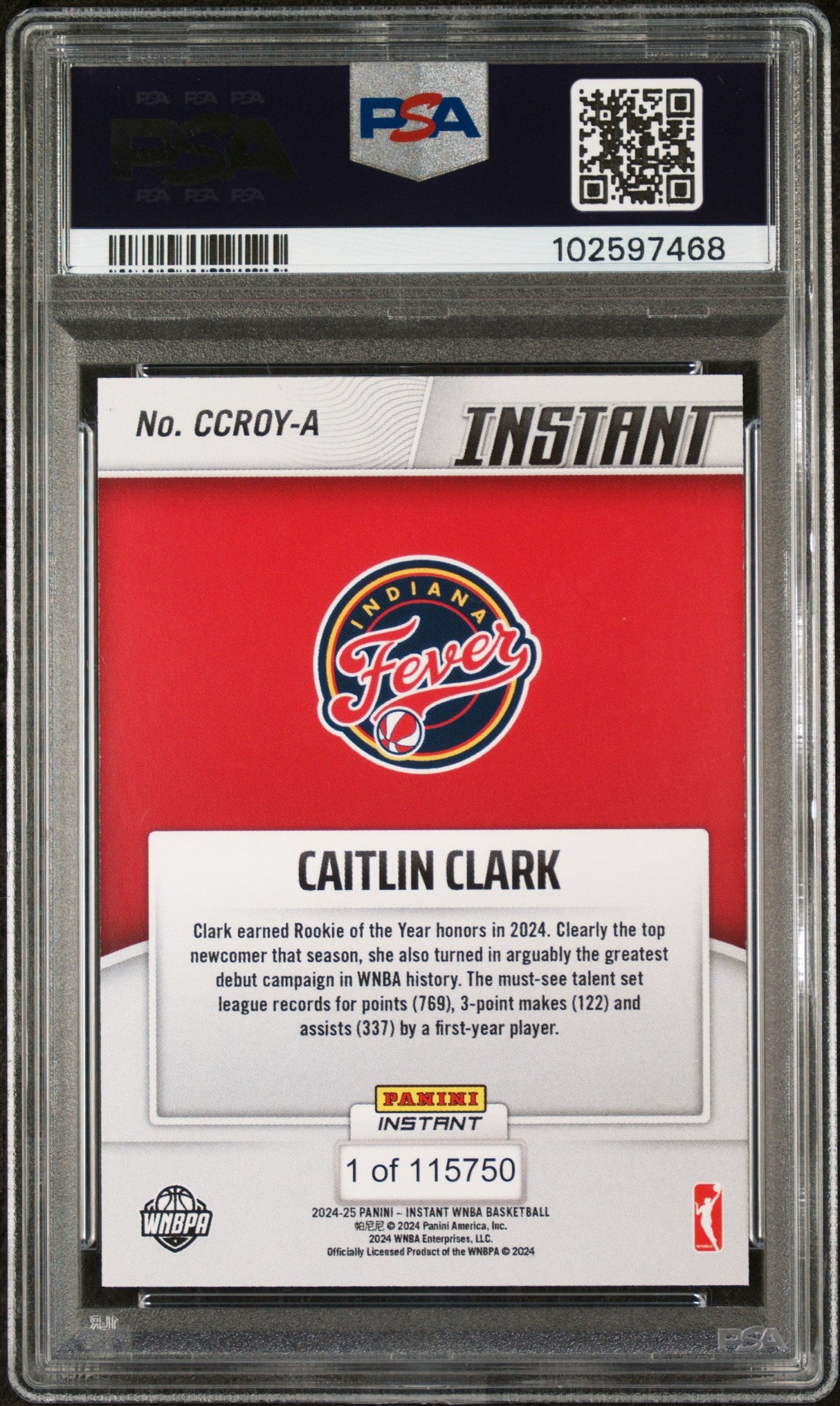 Graded 2024 Panini Instant WNBA Caitlin Clark #A Rookie of the Year Rookie RC Basketball Card PSA 10 Gem Mint