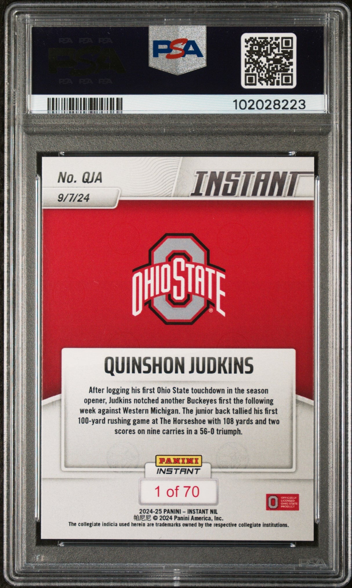 Tarjeta de fútbol RC Quinshon Judkins #QJA Rookie de Panini Instant NIL 2024 PSA 10 Gem Mint