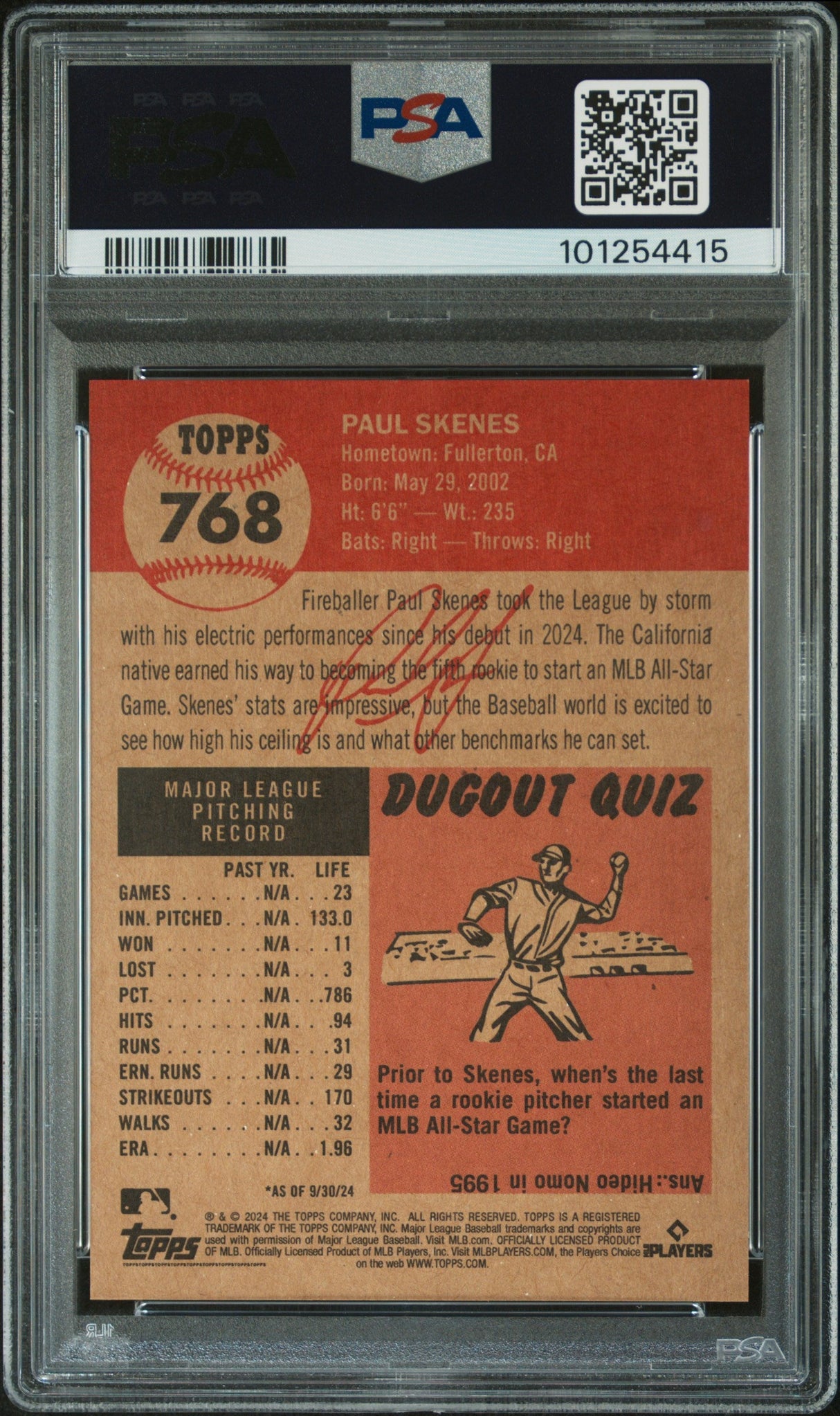 Tarjeta de béisbol Topps Living Paul Skenes n.° 768 Rookie RC, calificada en 2024, PSA 10 Gem Mint