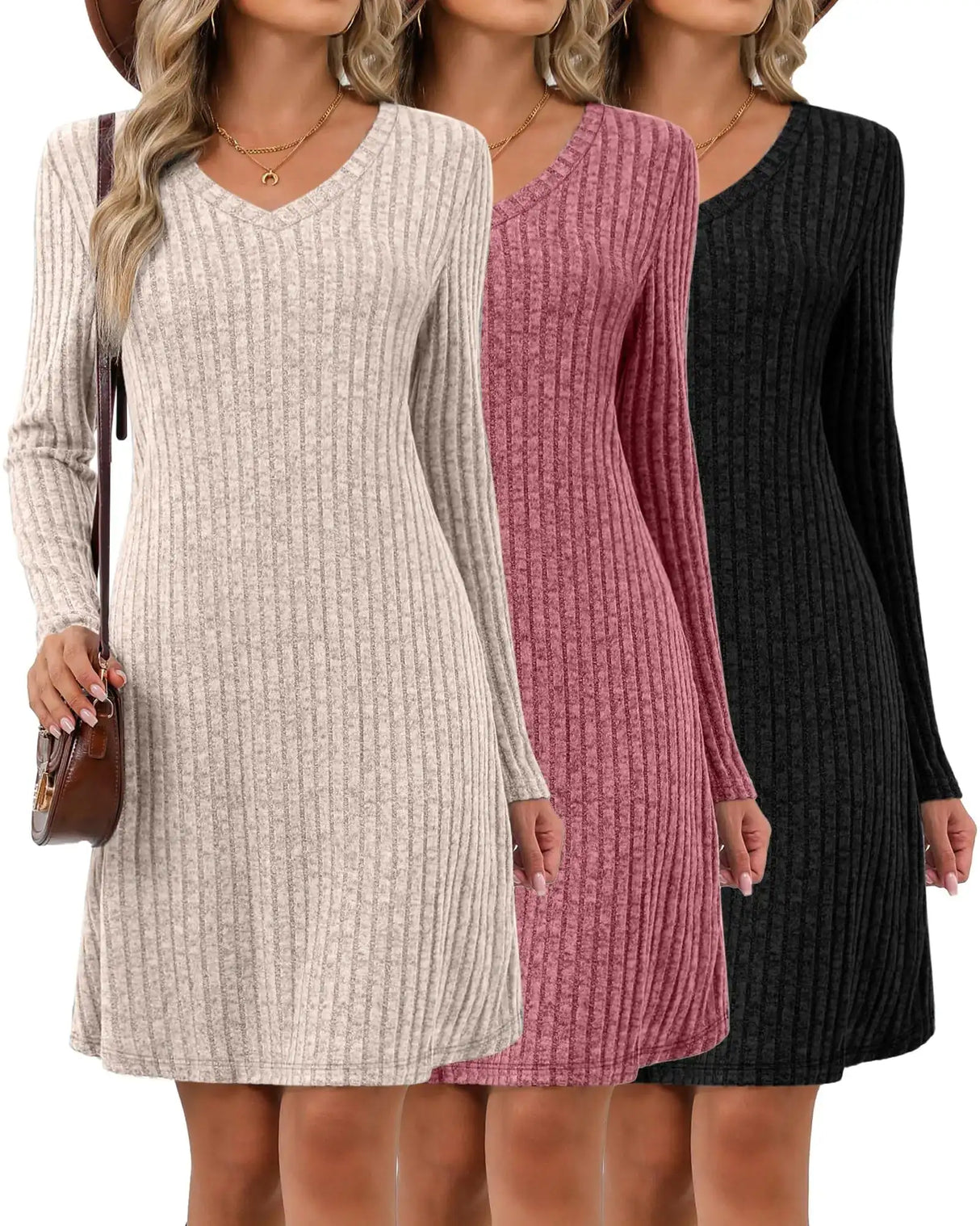 Riyiper 3 Pack Womens Long Sleeve Dresses Knit V Neck Fall Winter Dresses Causal Loose Fit Sweater Tunic Dresses(Beige Wine Red BlackXX-Large) - Lootquake