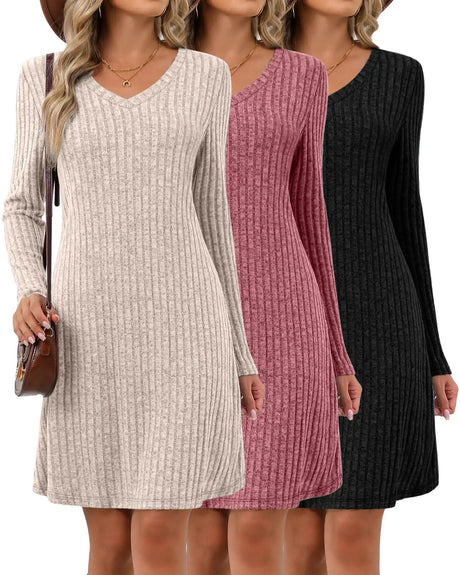 Riyiper 3 Pack Womens Long Sleeve Dresses Knit V Neck Fall Winter Dresses Causal Loose Fit Sweater Tunic Dresses(Beige Wine Red BlackXX-Large) - Lootquake