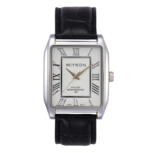 Classic Rectangular Black Genuine Leather Strap Watches for Men - 38mm Ion-Polished Men Watches with Scratch Resistant Glass - 100ft Water Resistant Mens Wrist Watches (Silver Case White Dial Roman Numerals) - Lootquake