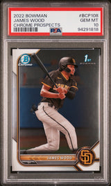 Tarjeta de béisbol Topps Bowman James Wood #BCP108 Chrome Prospects Rookie RC PSA 10 Gem Mint, calificada en 2022