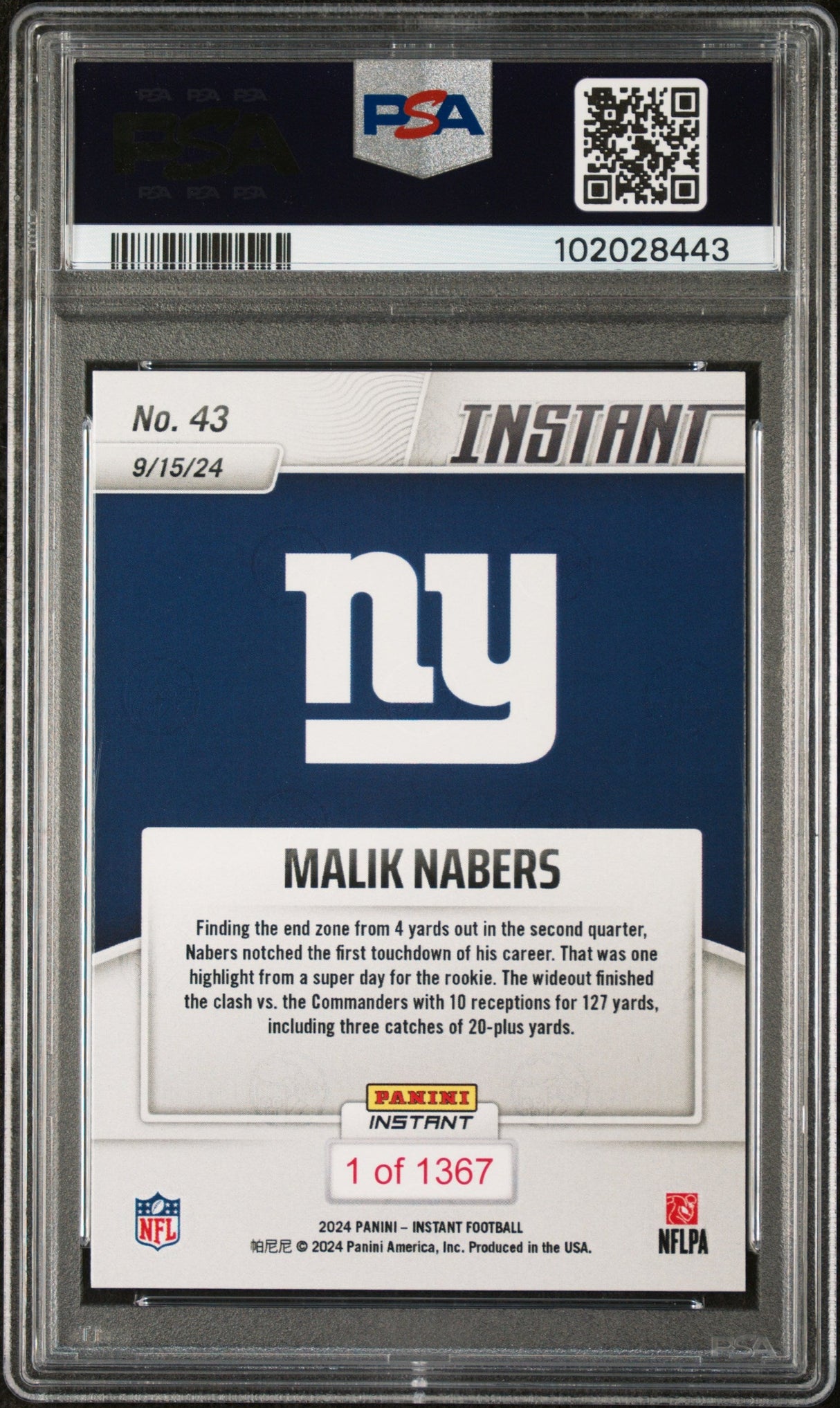 Tarjeta de fútbol americano Panini Instant NFL Malik Nabers #43 Rookie RC de 2024, PSA 9 Mint