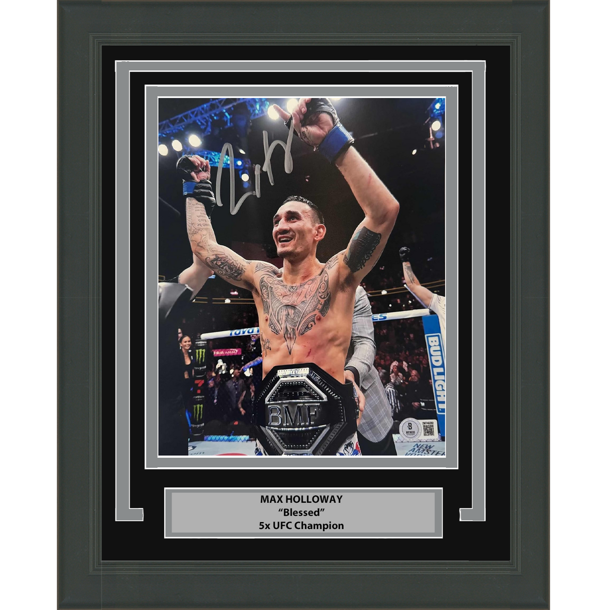 Foto enmarcada y autografiada de Max Holloway, UFC MMA, Black Fighting, 8x10, Beckett BAS COA