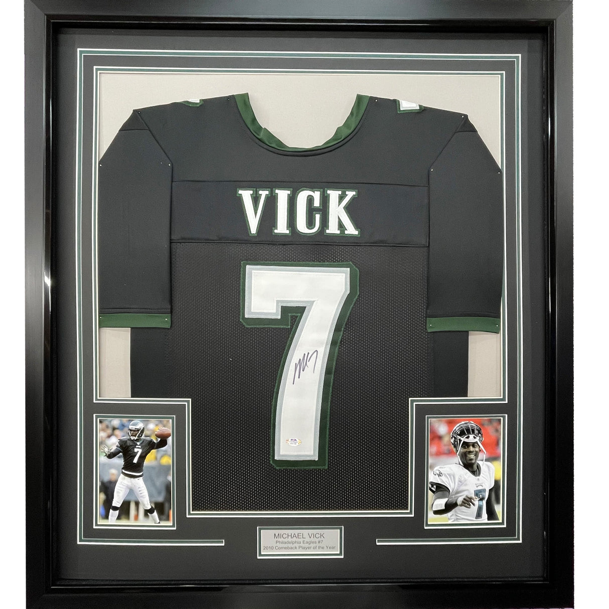 Camiseta de fútbol americano de Filadelfia, negra, enmarcada, autografiada y firmada por Michael Mike Vick, 35 x 39, certificado de autenticidad (PSA/DNA)