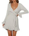 R.Vivimos Womens Winter Long Sleeve V Neck Ruffles Sweater Dresses Mini Dresses (Small LightGrey) - Lootquake