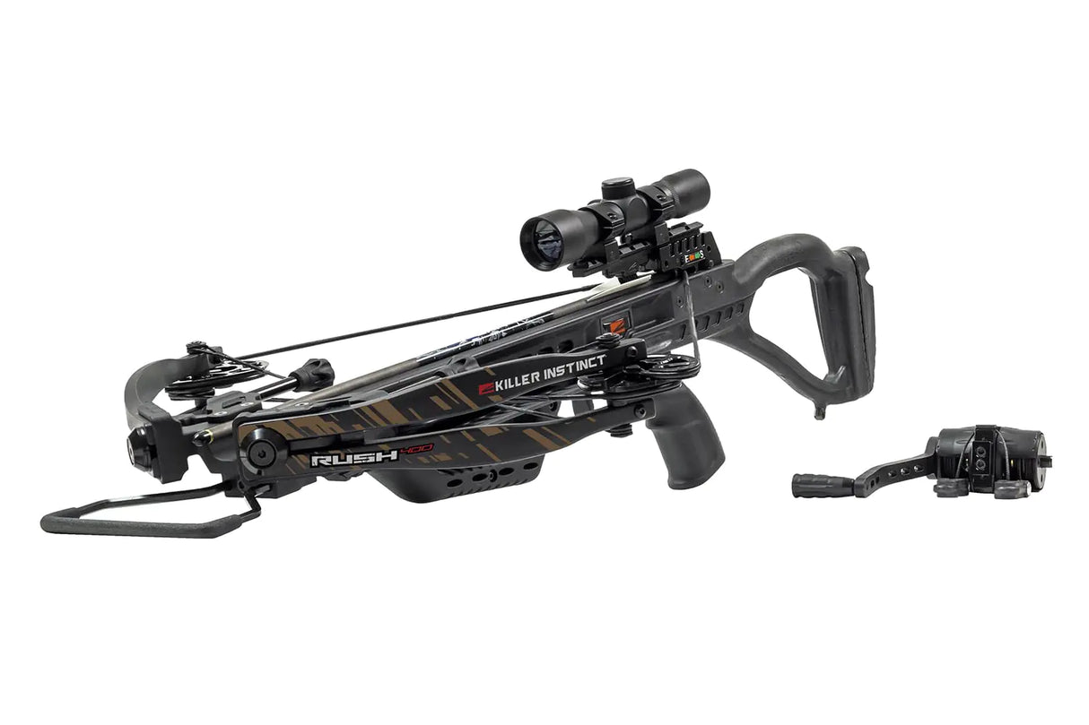 Pack arbalète Killer Instinct Rush™ 400 PRO avec armement à manivelle. Pack arbalète prêt à l'emploi à 400 FPS.