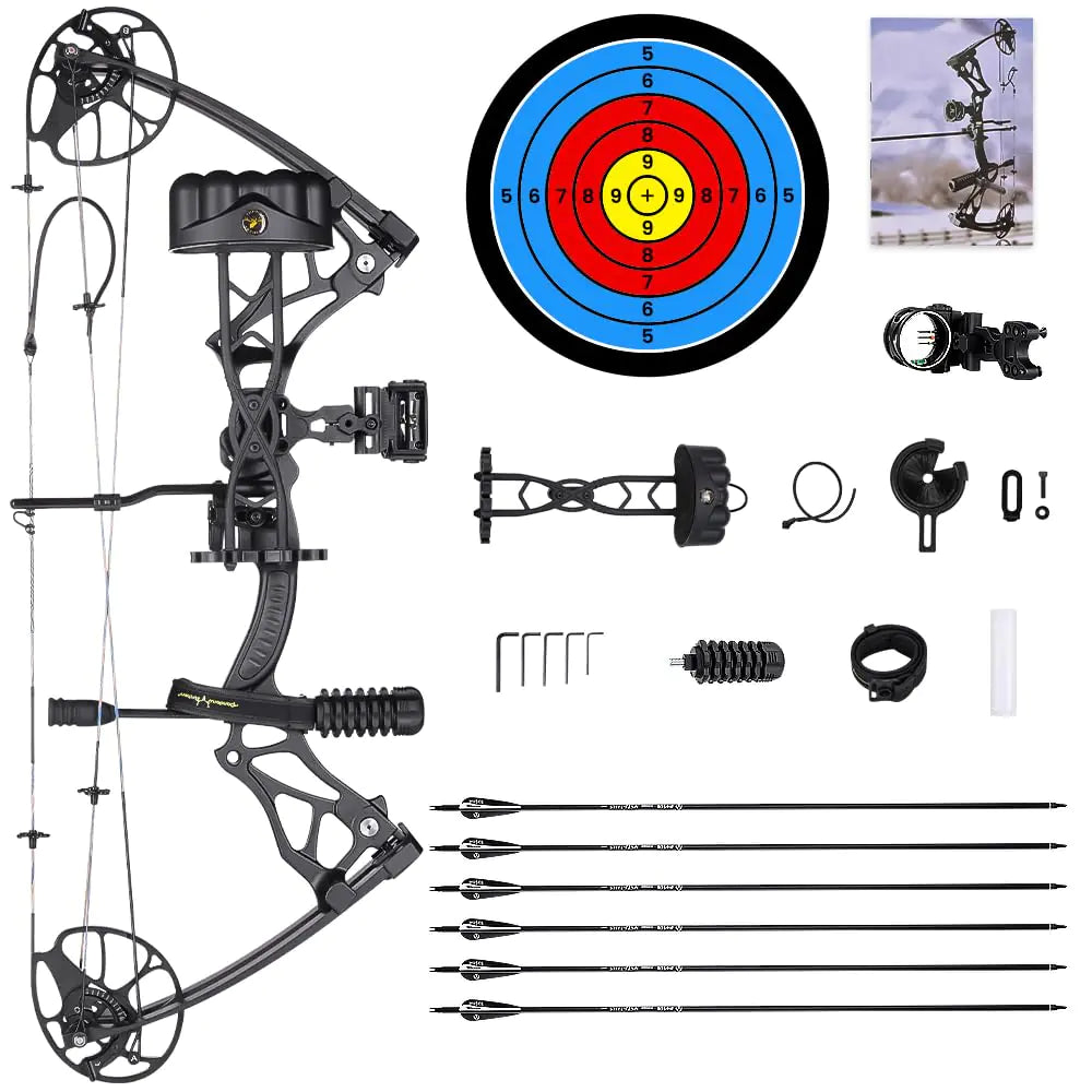 Arc à poulies PANDARUS pour adultes et adolescents, puissance de 0 à 70 lb, branches fabriquées aux États-Unis, conception légère, avec équipement de chasse à l'arc, garantie à vie limitée (noir, droitier)