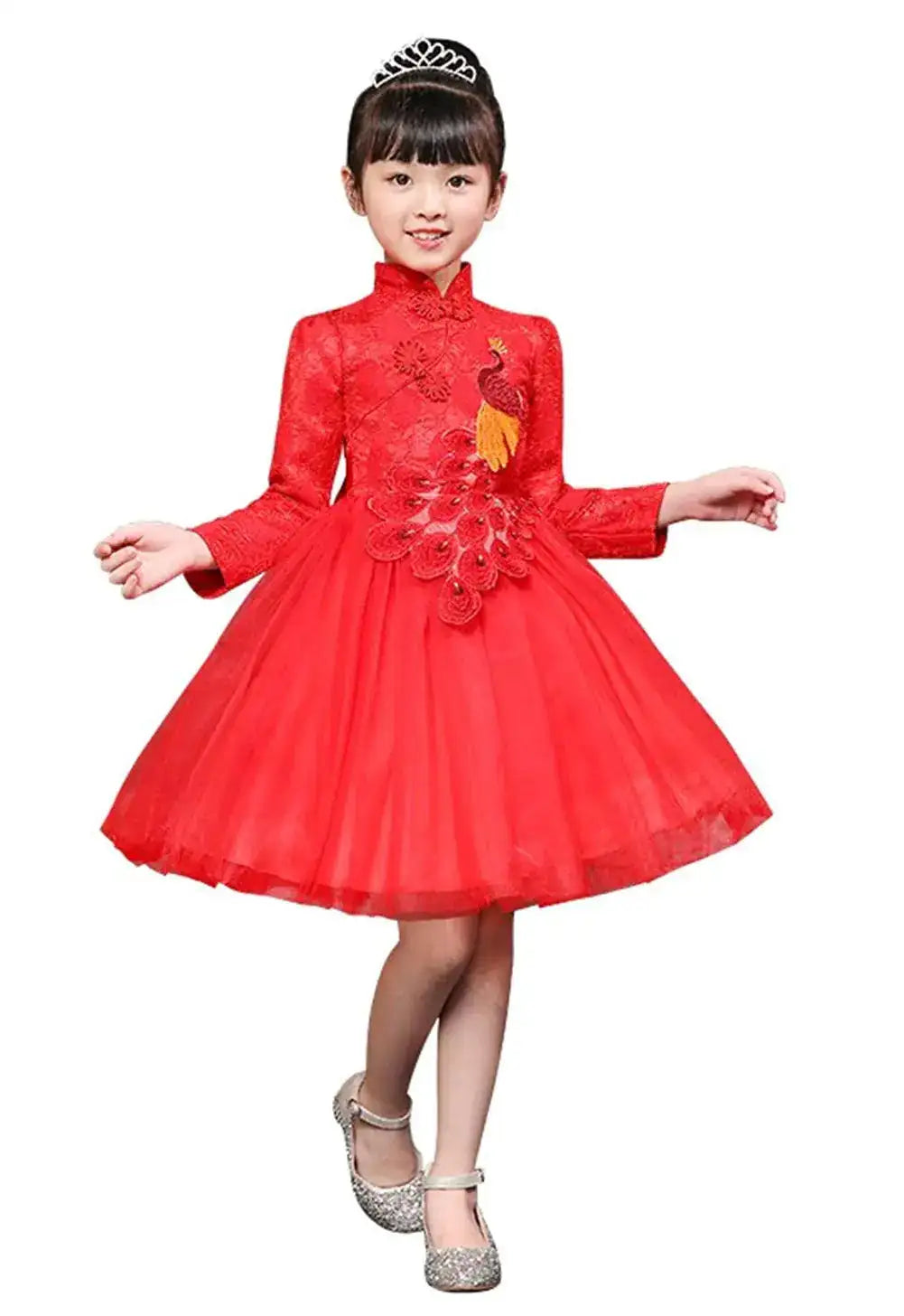 ELUCKFACE Girls Chinese Cheongsam Tutu Dresses Retro Embroidery Princess Dresses for Age 3-10Years Red - Lootquake