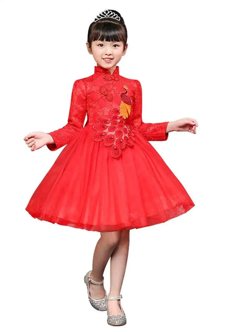 ELUCKFACE Girls Chinese Cheongsam Tutu Dresses Retro Embroidery Princess Dresses for Age 3-10Years Red - Lootquake