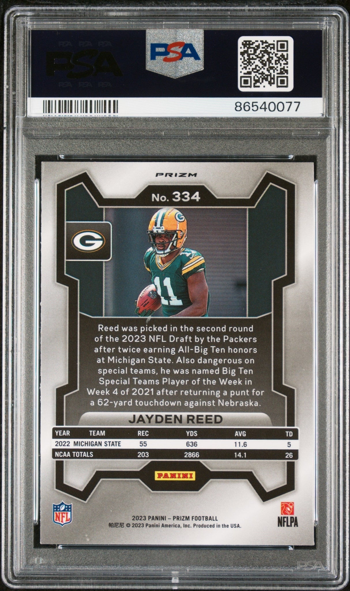 Graded 2023 Panini Prizm Jayden Reed #334 Disco Rookie RC Football Card PSA 10 Gem Mint