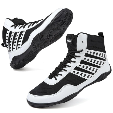 Wrestling Shoes Boxing Shoes for Men Pro Wrestling Boots High Top Fitness Weightlifting Powerlifting Shoes Black/White - Lootquake
