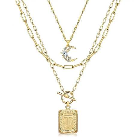 MJartoria Layered Initial Necklaces for Women Trendy 14K Gold Plated Simple Moon Choker Square Letter Pendant Necklace Paperclip Chain Necklace Gold Necklaces Jewelry Gifts (Gold T) - Lootquake