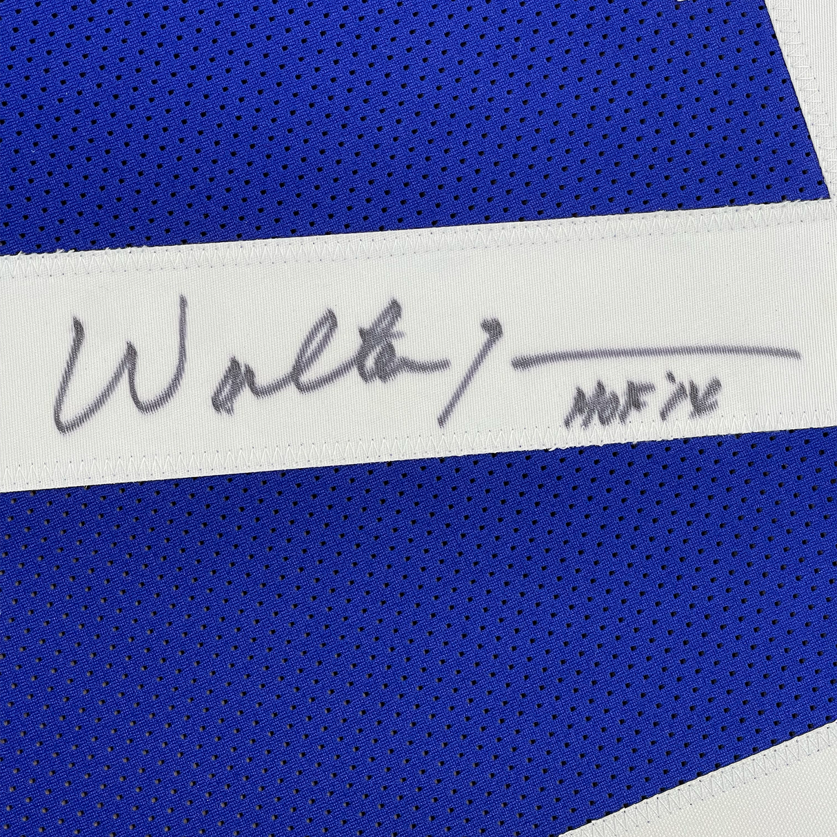 Framed Autographed/Signed Walter Jones HOF 14 35x39 Seattle Blue Football Jersey JSA COA