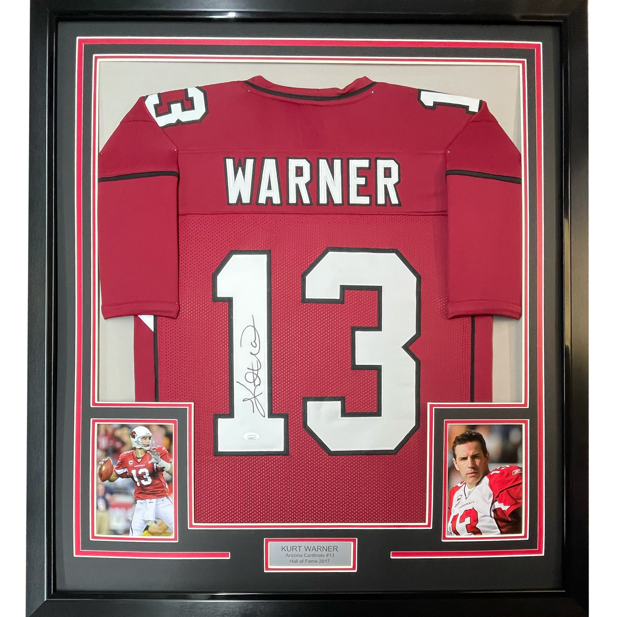 Framed Autographed/Signed Kurt Warner 35x39 Arizona Red Football Jersey JSA COA