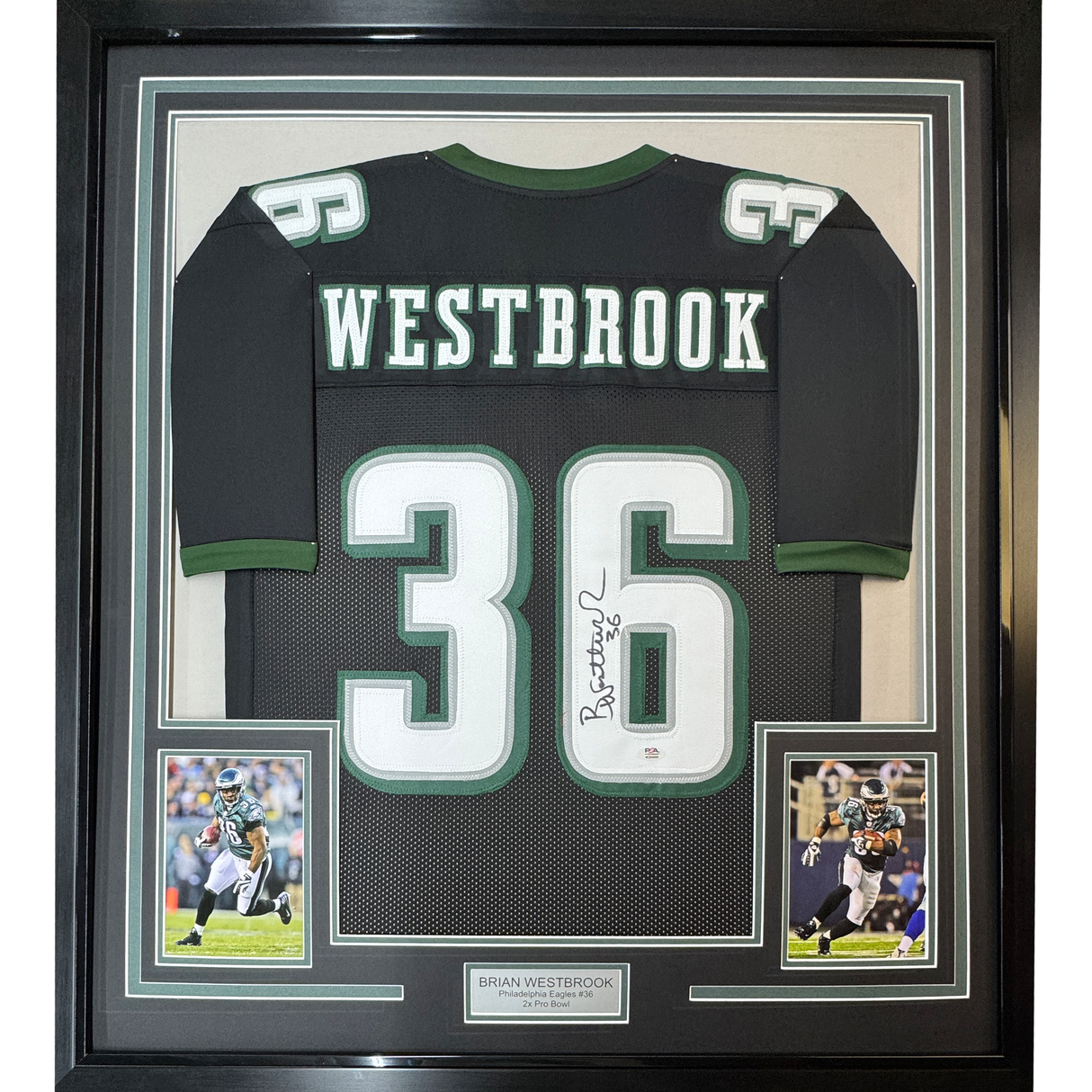 Camiseta de fútbol americano de Filadelfia, negra, enmarcada, autografiada y firmada por Brian Westbrook, 35 x 39, certificado de autenticidad (PSA/DNA)