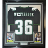Camiseta de fútbol americano de Filadelfia, negra, enmarcada, autografiada y firmada por Brian Westbrook, 35 x 39, certificado de autenticidad (PSA/DNA)