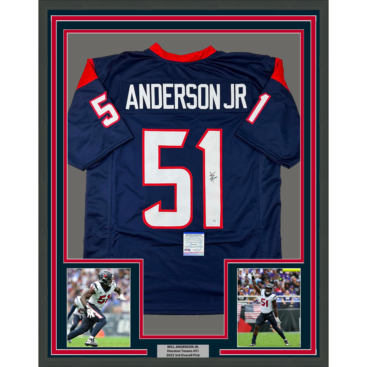 Camiseta de fútbol azul de Houston, enmarcada, autografiada y firmada por Will Anderson Jr., 35 x 39, con certificado de autenticidad de PSA y ADN.