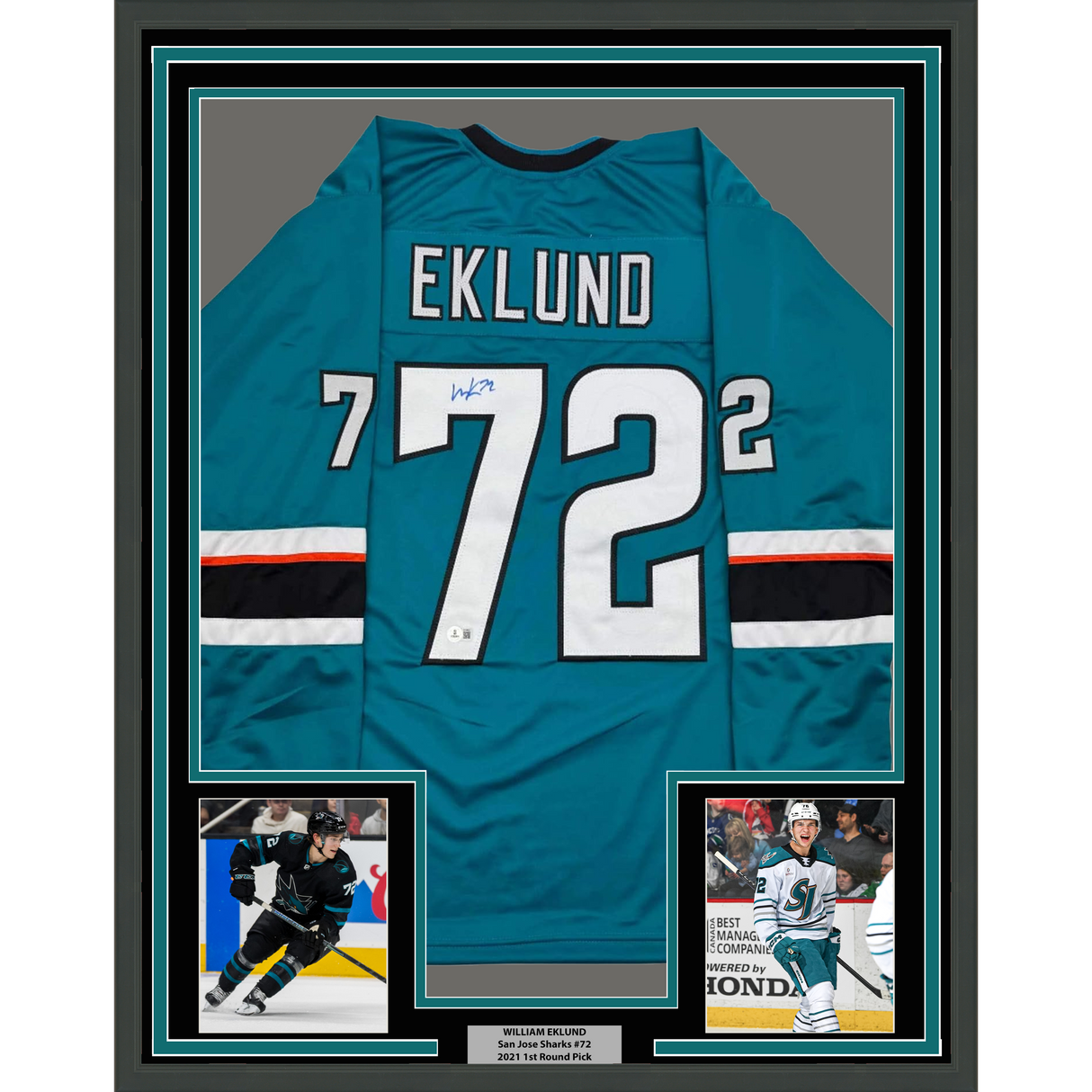 Camiseta de hockey Beckett BAS COA de San José, color verde azulado, enmarcada, autografiada y firmada por William Eklund, 35 x 39