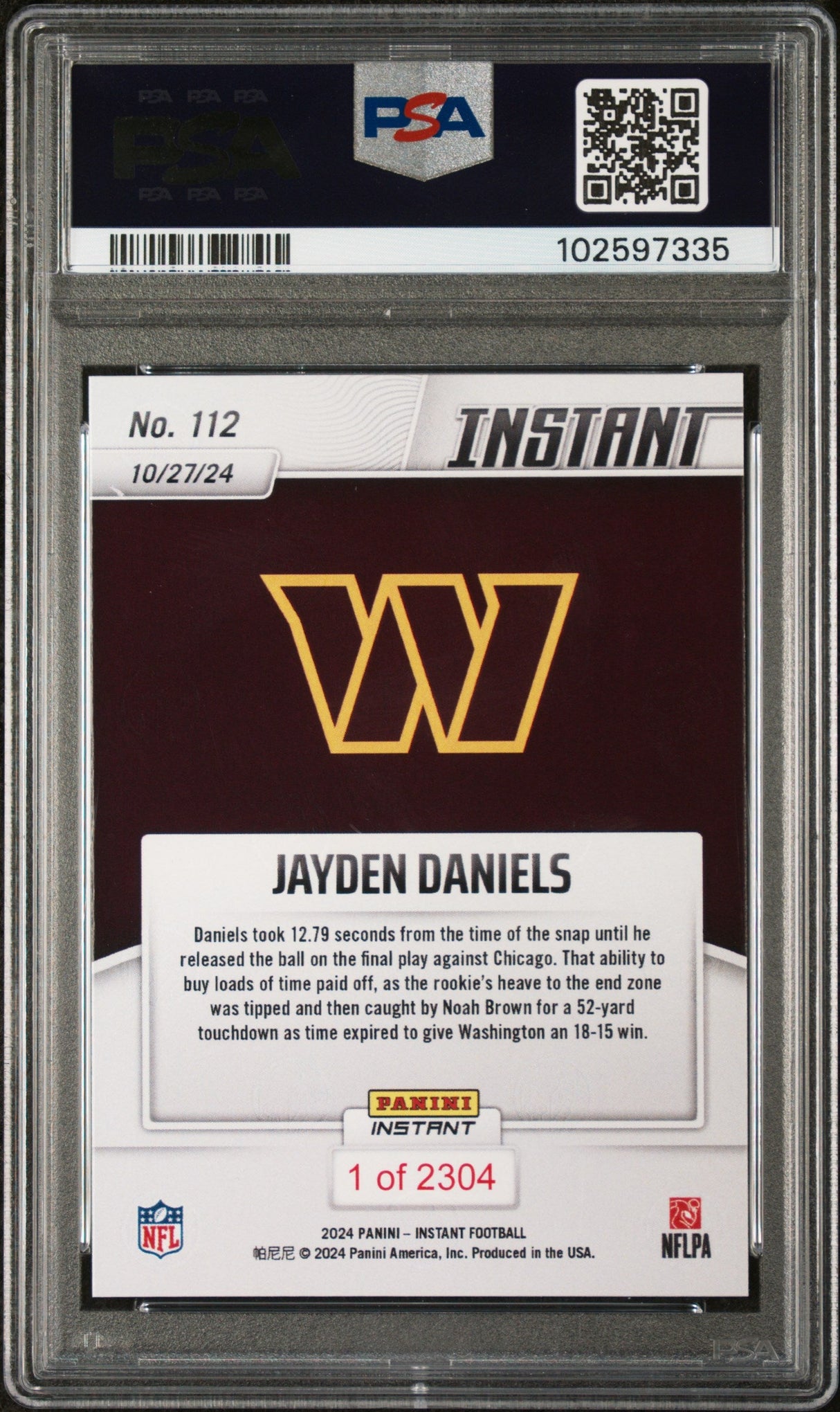 Tarjeta de fútbol americano Jayden Daniels #112 Rookie RC de Panini Instant NFL 2024, calificada, PSA 10 Gem Mint