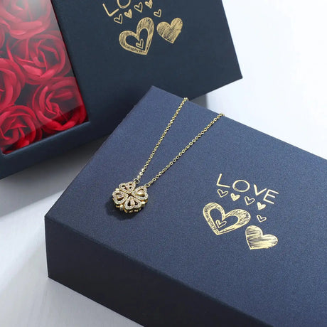 Rose Gift Box with Four-Leaf Grass and Heart Necklaces - Lootquake
