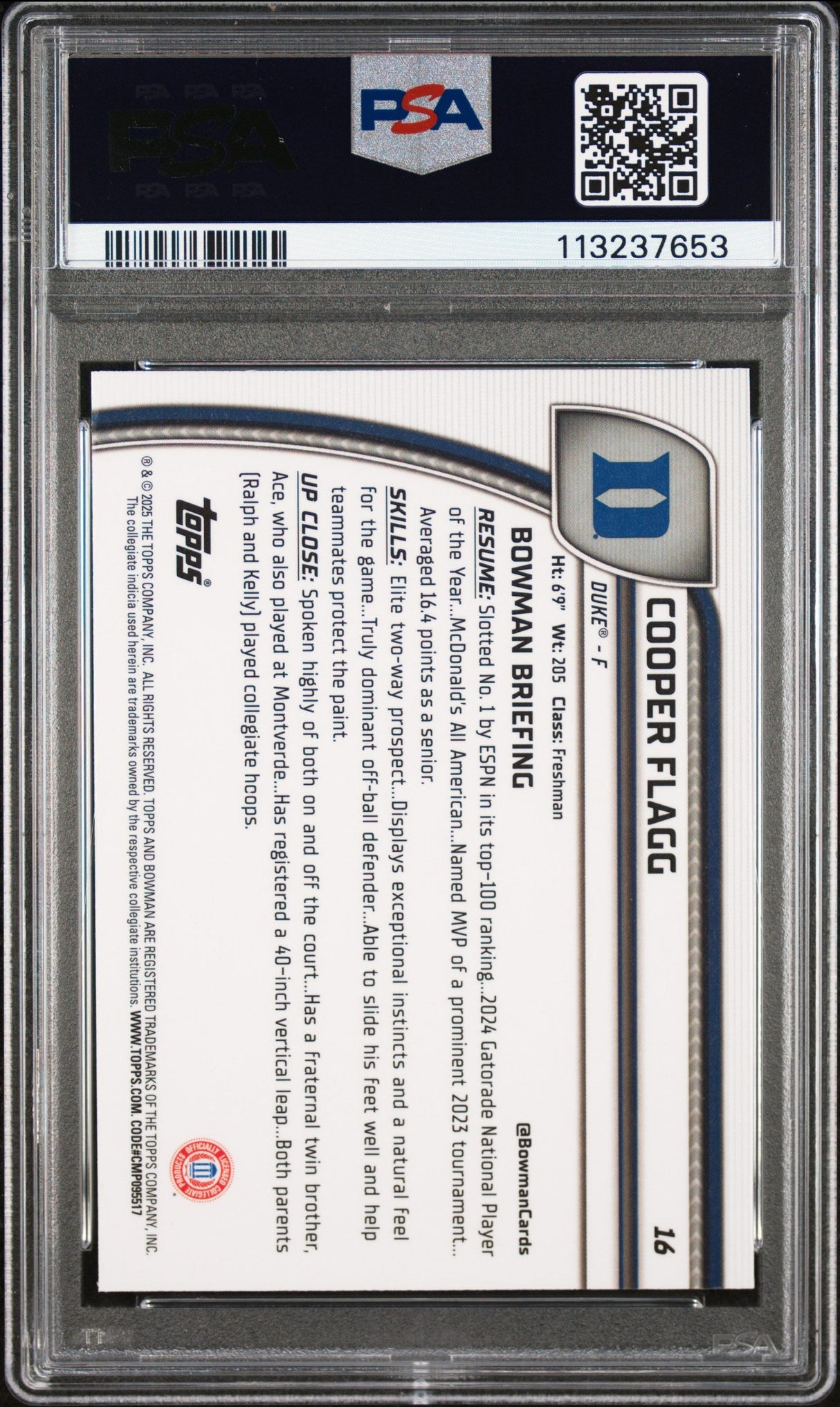 Tarjeta de baloncesto Topps Bowman Chrome U Cooper Flagg #16 Rookie RC, calificada en 2024, PSA 10 Gem Mint