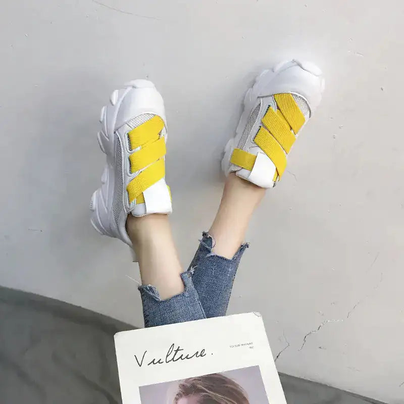 Velcro Platform Sneakers, Dad Shoes, White Casual Shoes - Lootquake