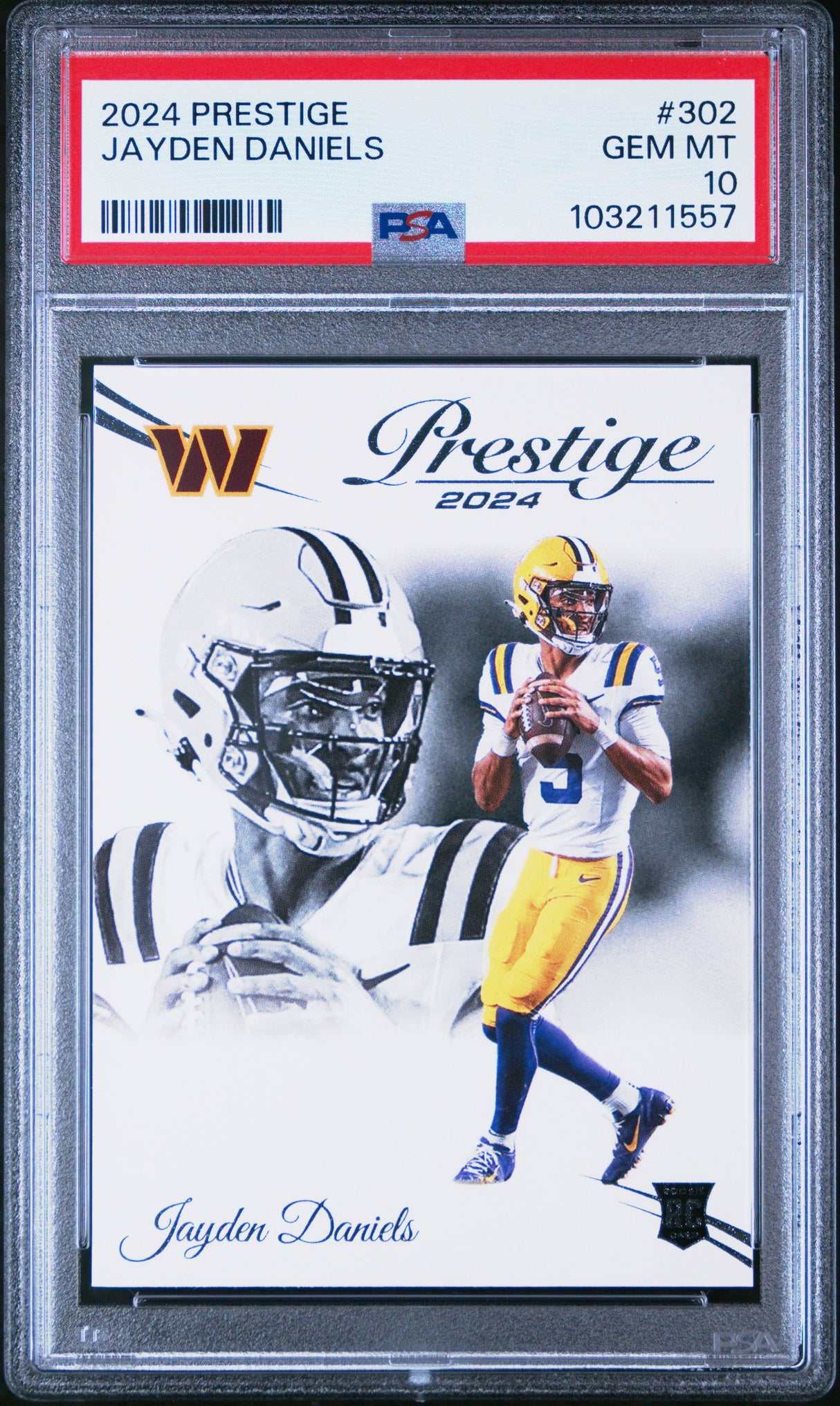 Tarjeta de fútbol Panini Prestige Jayden Daniels #302 Rookie RC de 2024, clasificada PSA 10 Gem Mint